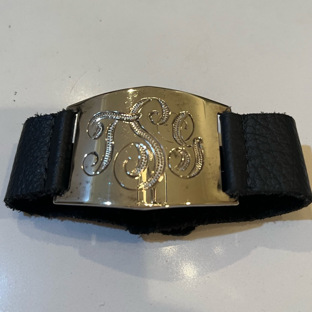 Monogrammed Black Leather Bracelet with TGS Monogram on Sterling Silver